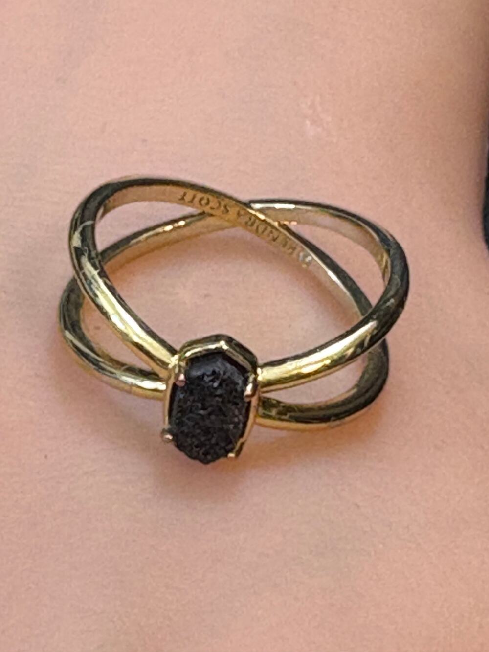 Kendra Scott Gold-Tone Crossover Ring with Black Druzy – Size 7